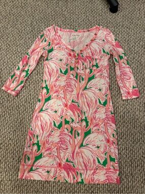 Lilly Pulitzer Pink Flamingo Print Green Midi Dress Size XS